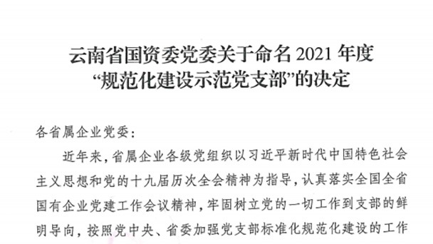 热烈祝贺！云煤（pp电子）集团所属2个党支部被命名为省国资委2021年度“规范化建设树模党支部”